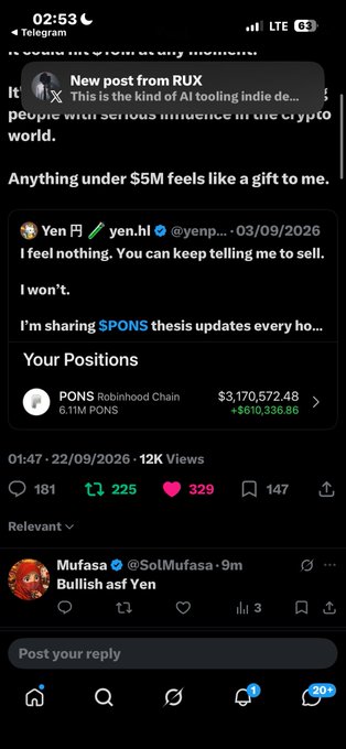 A Telegram post by user 'yen.hl' (@yenp...) dated 03/09/2026 discusses SPONS tokens, showing a PONS Robinhood Chain position worth $3,170,572.48 with a gain of $610,336.86.