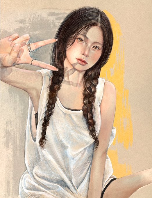 An illustration depicts a young woman with two long braids wearing a loose white sleeveless top, posing with one hand raised against a textured beige background.
