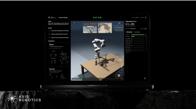 A laptop displaying a robot control interface by 'AXIS ROBOTICS' showing a robotic arm manipulating objects on a table.
