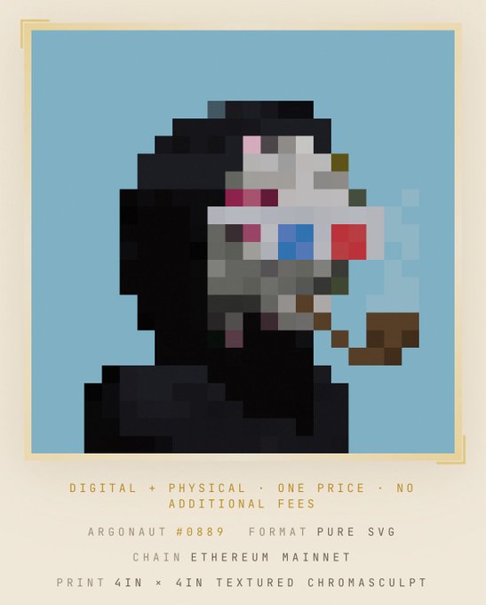 A pixelated portrait of a hooded figure smoking a pipe with rainbow-colored eyes, displayed as Argonaut #0889 in Pure SVG format on Ethereum Mainnet with options for both digital and 4in x 4in chromasculpt prints. The post's reference to "mother chain" connects directly to the "Chain Ethereum Mainnet" label, emphasizing the artwork's original blockchain provenance.