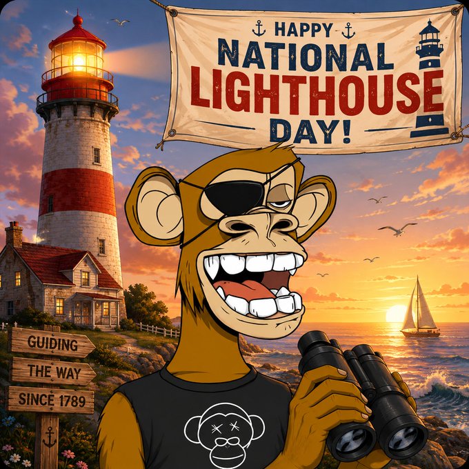 A cartoon monkey wearing an eyepatch and holding binoculars stands in front of a lighthouse, celebrating 'Happy National Lighthouse Day!' with a sign reading 'Guiding the Way Since 1789'.