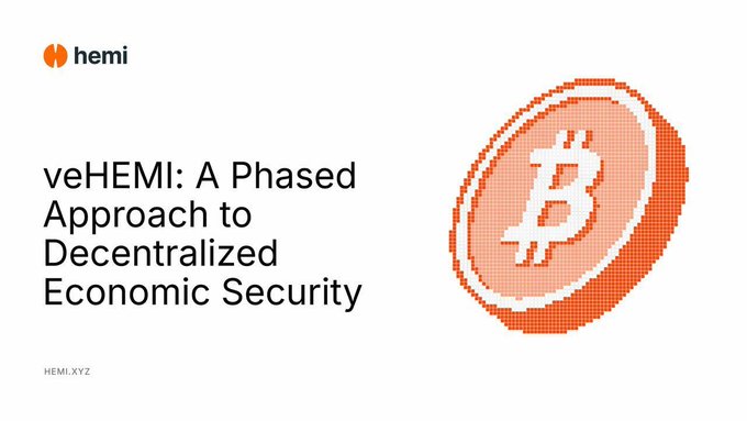 A title card for 'hemi' reads 'veHEMI: A Phased Approach to Decentralized Economic Security' with HEMI.XYZ at the bottom, alongside a pixelated Bitcoin logo.