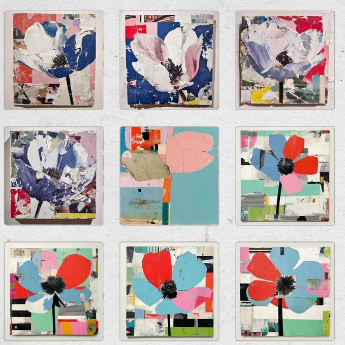 A 3x3 grid of mixed-media collage artworks featuring abstract floral motifs in vibrant reds, blues, pinks, and teals against patchwork backgrounds. The image complements the post by visually representing the "Garden" of flower pieces being discussed in relation to the trading and listing functionality on the platform.
