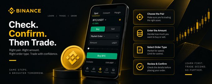 A Binance cryptocurrency trading advertisement featuring the text 'Check. Confirm. Then Trade.' with a smartphone mockup showing a BTC/USDT trading interface and a gold Binance coin, alongside steps for trading: 'Choose the Pair', 'Enter the Amount', 'Select Order Type', and 'Review & Confirm'.