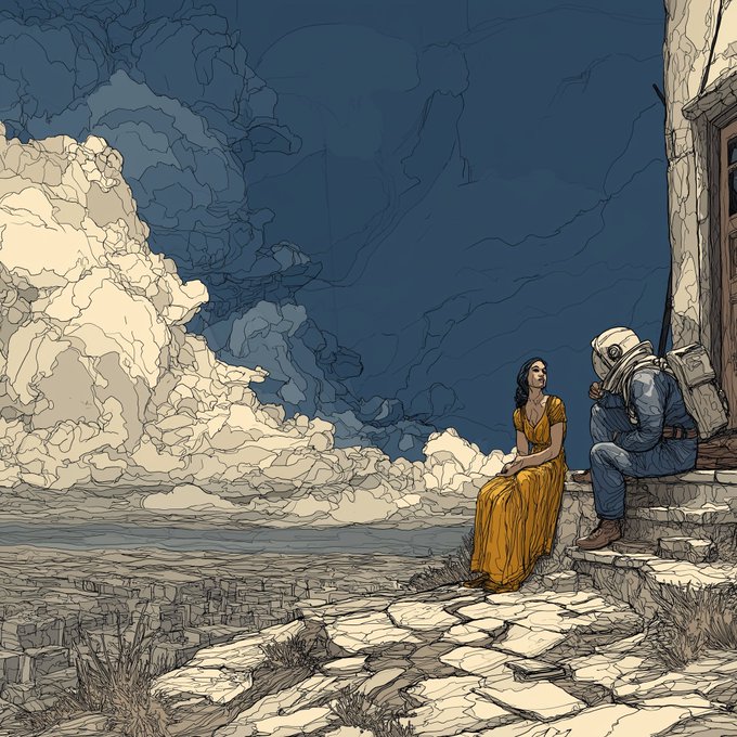 A woman in a yellow dress and an astronaut sit together on stone steps overlooking a dramatic cloudy landscape in this digital illustration, which is being offered as a 1/1 NFT artwork for 66 xtz on the @objktcom platform. The contemplative scene of the two figures sharing a quiet moment against the expansive sky evokes themes of human connection and wonder, fitting for a generative art piece with the simple "GM" greeting.