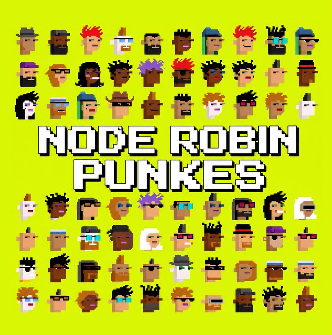 A bright yellow background displaying a grid of pixel-art character faces surrounding the text 'NODE ROBIN PUNKES'.