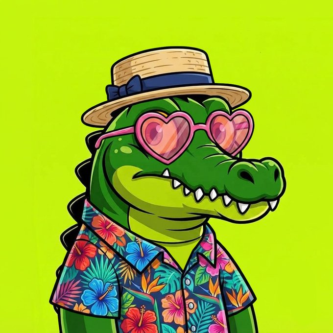 A cartoon illustration of a green crocodile wearing a straw hat, pink heart-shaped sunglasses, and a colorful tropical Hawaiian shirt against a lime green background.