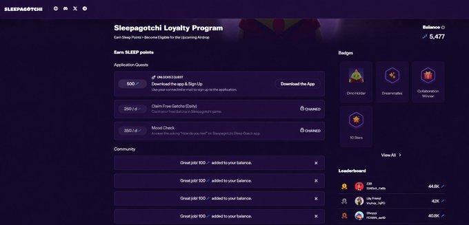 A screenshot of the Sleepagotchi Loyalty Program interface showing a balance of 5,477 SLEEP points, application quests, earned badges (Diva Holder, Sleepaholic, Collaboration Winner, 10 Stars), and a community leaderboard.