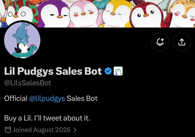 The image shows a verified Twitter profile for "Lil Pudgys Sales Bot" (@LilsSalesBot), featuring a penguin avatar and the tagline "Buy a Lil. I'll tweet about it." This directly relates to the post announcing the bot's launch, serving as a visual introduction to the official sales-tracking account that users can follow.