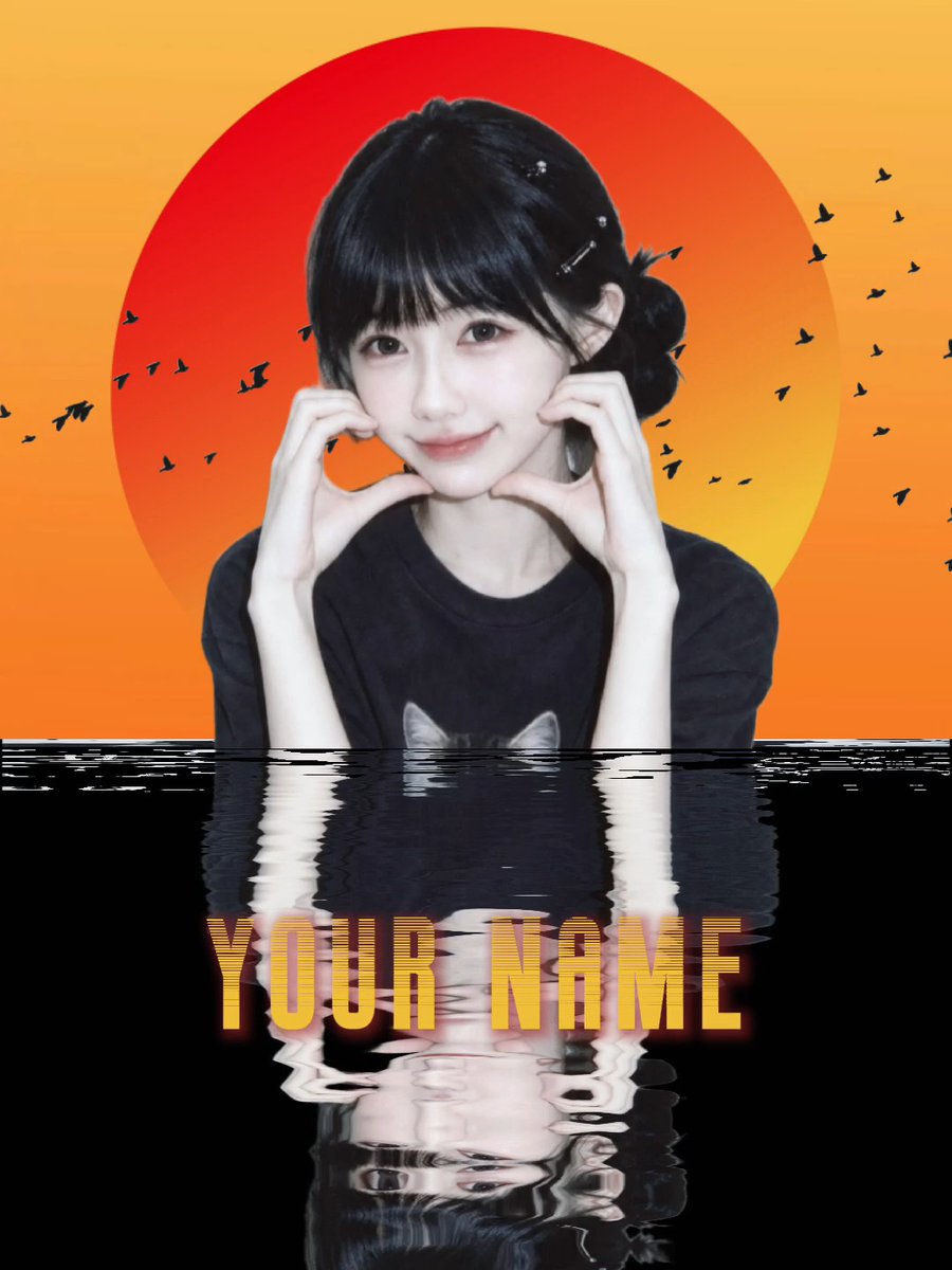 Stylized anime-style poster of a young woman making a heart gesture with her hands against an orange sun background with birds, titled 'YOUR NAME' with a water reflection effect.