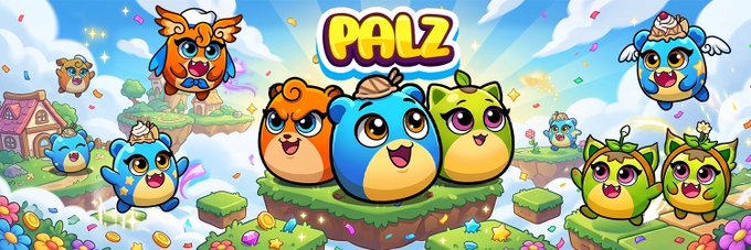 A colorful, cartoon-style promotional image for 'PALZ' featuring cute chibi-style animal and creature characters in a bright, grassy world setting with floating islands and confetti.