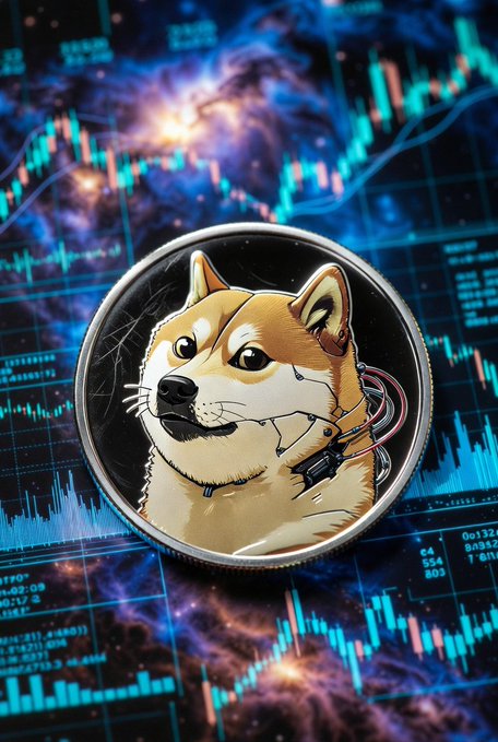 A digital artwork of a Dogecoin coin featuring a Shiba Inu dog with robotic/cybernetic elements, set against a background of stock market charts and a cosmic nebula.