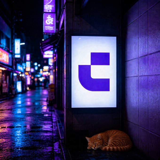A purple, stylized logo on an illuminated street sign stands above an orange tabby cat sleeping on a wet, neon-lit city sidewalk at night.