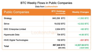 The image displays a chart titled "BTC Weekly Flows In Public Companies" with tables and graphs presenting information about Bitcoin trade activity over the last six months of June. The chart features data from Lookonchain week 1-week 7, focusing on the volume trading in public companies for the cryptocurrency. 

A key takeaway from this chart is that Strategy had a strong performance by buying 4,500 $BTC at a price of $288M, while Bitmine added another 126,971 ETH during this period, increasing the overall market capitalization to 1,037,741,632,853,000. It can be inferred from these statistics that the cryptocurrency's trading volume is consistently growing in the public companies' market.