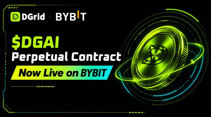 A promotional graphic announcing the $DGAI Perpetual Contract now live on BYBIT, featuring the DGrid x BYBIT logos and a glowing green coin emblem.