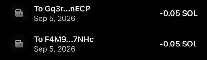 A cryptocurrency wallet transaction history showing two outgoing transfers of -0.05 SOL each on Sep 5, 2026, sent to addresses 'Gq3r...nECP' and 'F4M9...7NHc'.