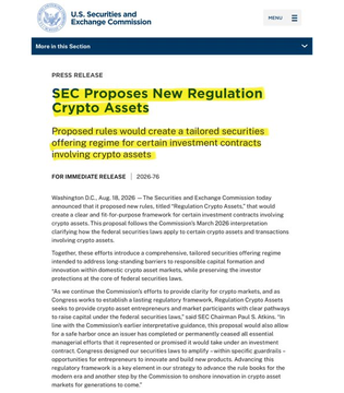 SEC press release titled 'SEC Proposes New Regulation Crypto Assets,' outlining a tailored regulatory framework for crypto securities offerings, dated Aug 18, 2026.