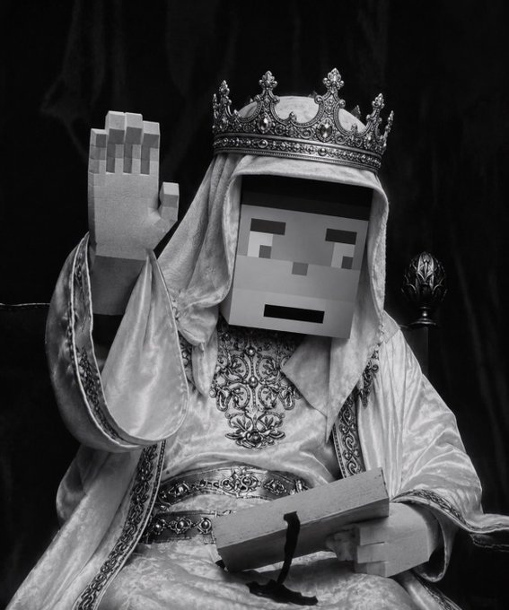 A pixelated Minecraft-style character wearing a royal crown and ornate robes raises one hand, evoking the $STACK token mascot. The image ties directly into the post's reference to "$STACK bros" and the StackersXYZ community.