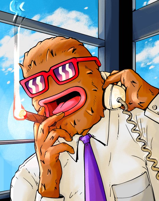 An illustration of a stylized brown, textured, potato-like character wearing a white shirt and purple tie. The character has an open mouth with a tongue out, wears pink and purple sunglasses, smokes a cigarette, and holds a white telephone receiver to its ear.