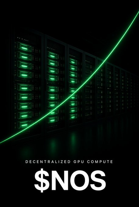 A promotional graphic showing rows of dark server racks with green LED lights, overlaid with a glowing green upward-trending line, advertising '$NOS' as 'DECENTRALIZED GPU COMPUTE'.