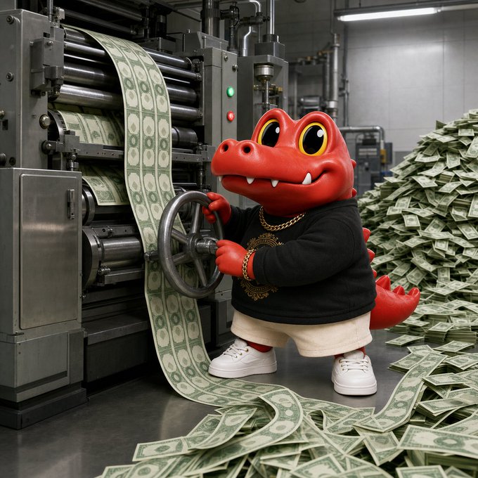 An anthropomorphic red alligator wearing a gold chain, black sweatshirt, and white sneakers operates a money-printing press producing endless dollar bills.