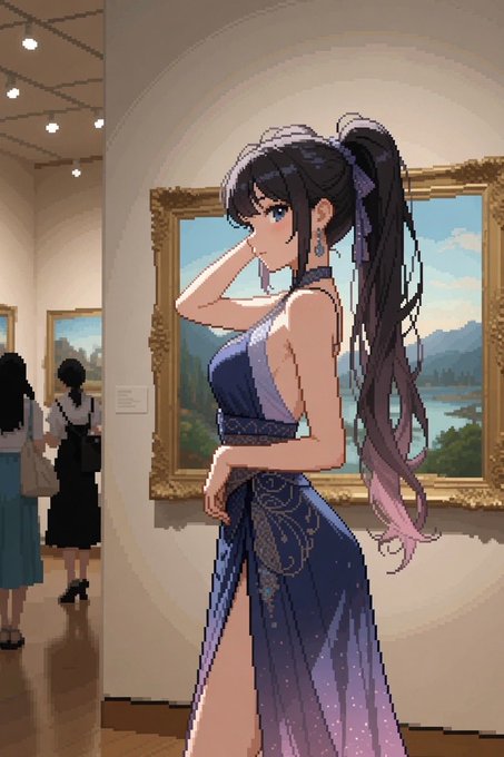 An anime-style woman in an elegant dark blue gown admires a framed landscape painting at an art gallery. The post "GM X" (good morning) pairs with her serene, appreciative morning museum visit as a stylish "good morning" greeting.