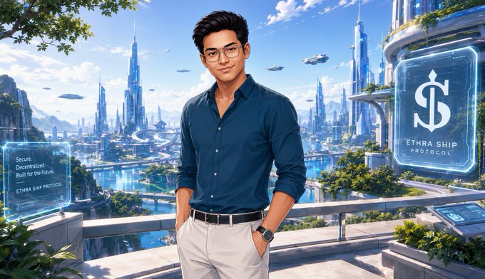 An illustrated image of a young man in a blue shirt standing on a futuristic balcony overlooking a sci-fi cityscape with flying vehicles, alongside an 'ETHRA SHIP PROTOCOL' hologram stating 'Secure. Decentralized. Built for the Future.'