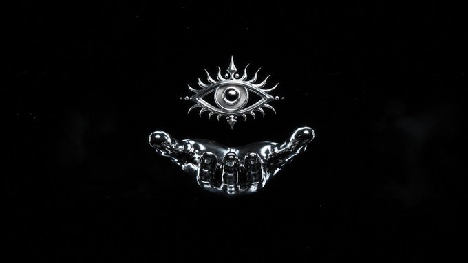 A metallic hand reaches upward against a black background, presenting a stylized eye emblem surrounded by sun-like rays, evoking a sense of mystical revelation—fittingly paired with the post announcing the unveiling of NFTs and teasing a release shrouded in redaction (█████).