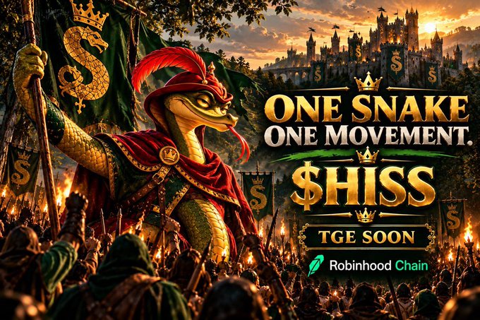 A promotional graphic for '$HISS' cryptocurrency featuring an anthropomorphic snake king with a crown and flags, with 'ONE SNAKE ONE MOVEMENT. $HISS TGE SOON' and 'Robinhood Chain' branding.