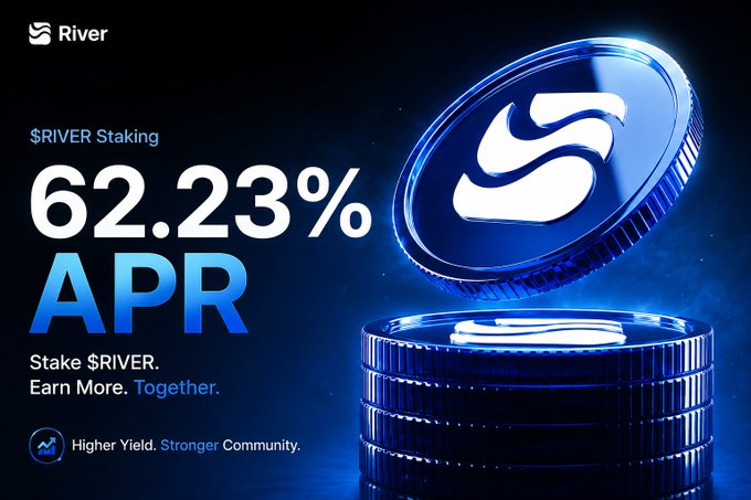 River cryptocurrency staking advertisement showing '62.23% APR' with the tagline 'Stake $RIVER. Earn More. Together.' and a glowing blue $RIVER coin.