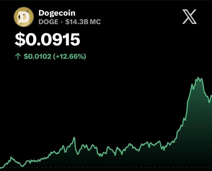 A cryptocurrency chart showing Dogecoin (DOGE) at $0.0915 with a market cap of $14.3B, up $0.0102 (+12.66%) on X (formerly Twitter).