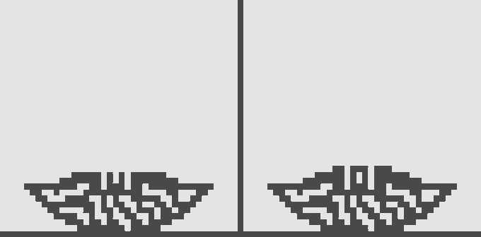 A pixel art animation showing two ornate vases falling on a black line, divided by a vertical black line on a light blue background.