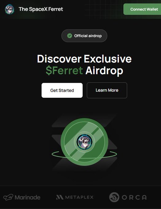 Airdrop landing page for "The SpaceX Ferret" offering an "Exclusive $Ferret Airdrop," featuring Get Started and Learn More buttons with sponsor logos for Marinade, Metaplex, and Orca.
