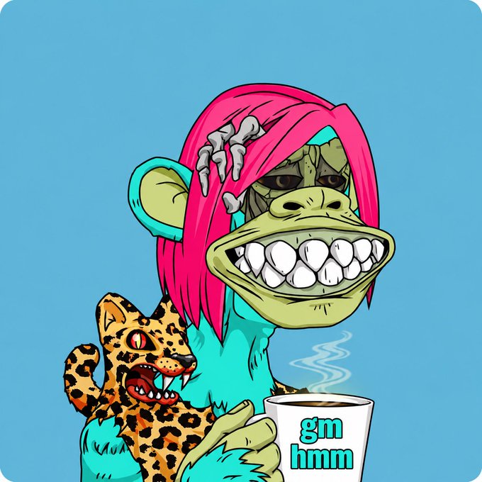 An illustration depicts a cartoonish monkey with pink hair holding a leopard cub and a steaming mug that reads 'gm hmm' against a blue background.