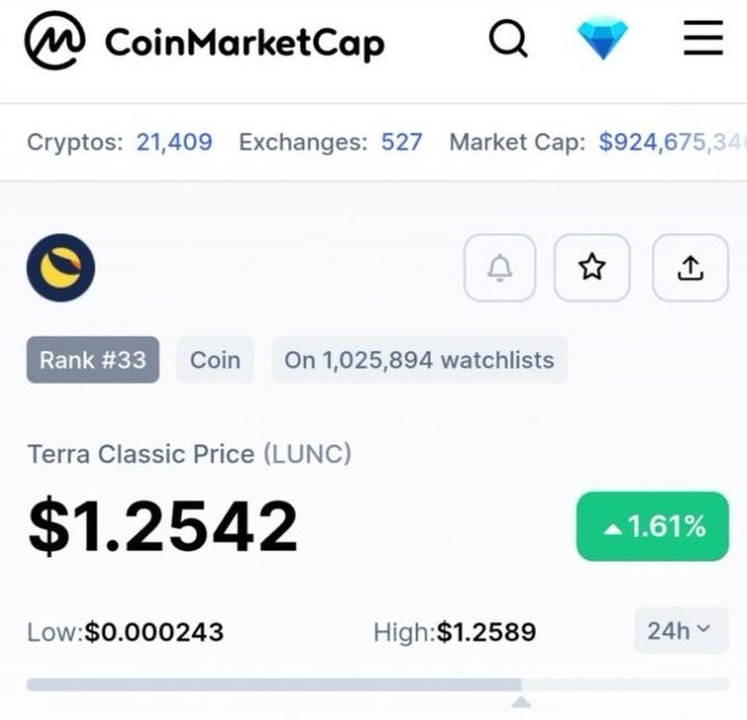 A CoinMarketCap screenshot shows Terra Classic (LUNC) ranked #33 with a current price of $1.2542, up 1.61% in 24 hours, with a 24-hour low of $0.000243 and high of $1.2589. The image supports the bullish sentiment of the #LUNCARMY post, which anticipates significant gains for LUNC, though the extreme volatility between the low and high highlights the speculative nature of the investment.