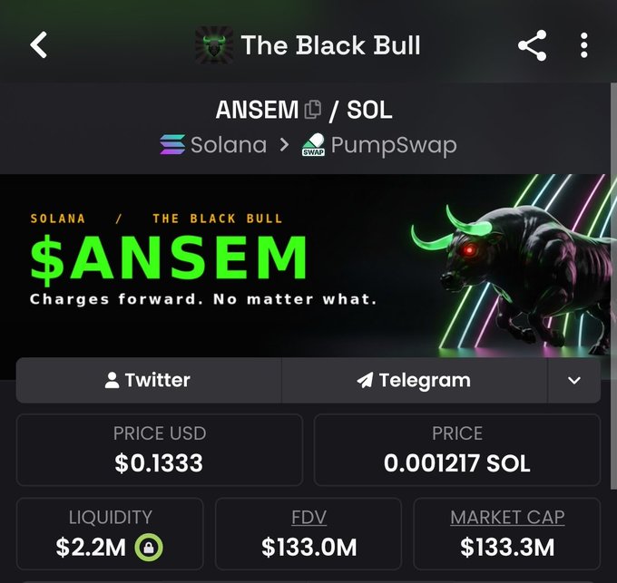 A mobile app screenshot for 'The Black Bull' cryptocurrency, displaying the '$ANSEM' token on the Solana network via PumpSwap, priced at $0.1333 USD with a market cap of $133.3M.