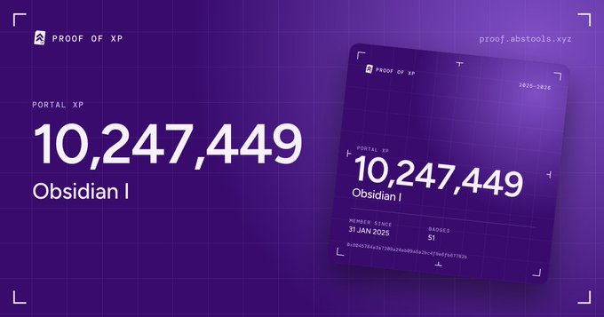 Digital badge or proof card from 'PROOF OF XP' showing 'PORTAL XP: 10,247,449' with a member status of 'Obsidian I', dated 31 JAN 2025, against a purple grid background.