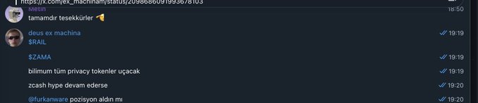 A screenshot of a Discord chat log in Turkish, showing a user named 'deus ex machina' posting messages including '$RAIL', '$ZAMA', 'billum tüm privacy tokenler uçacak', 'zcash hype devam ederse', and '@furkanware pozisyon aldın mı'.