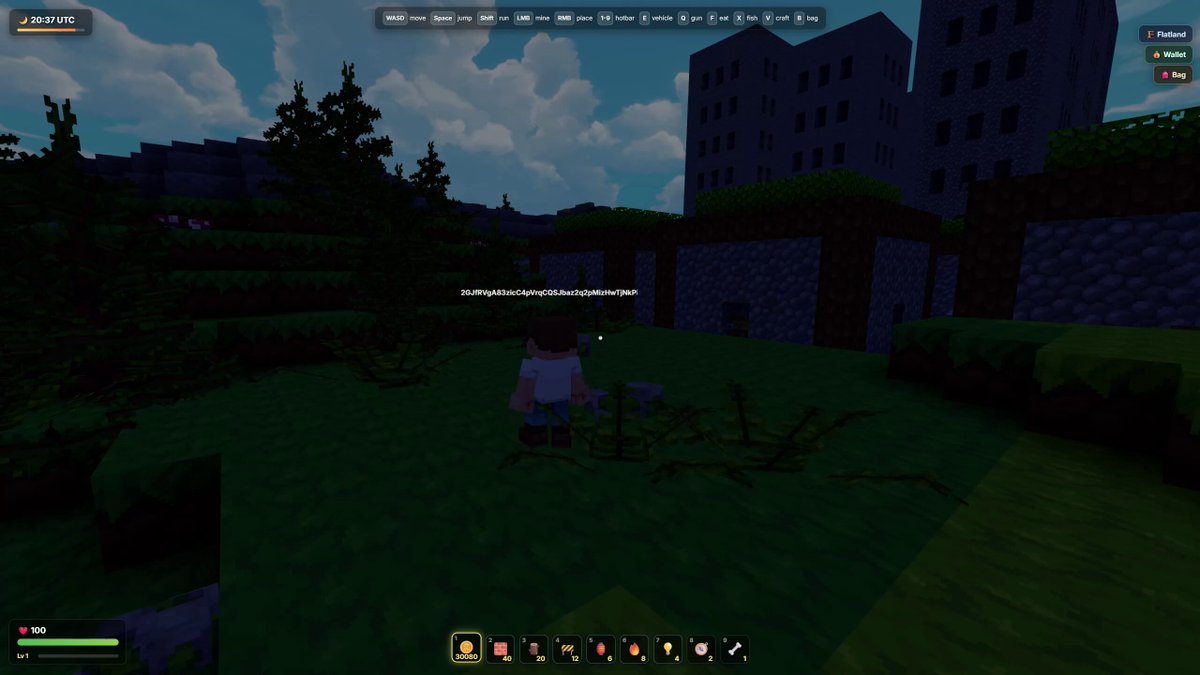 The image shows a man standing in front of a building with a sign that says "Cubit Deposit" next to him, holding a fishing rod. The scene also includes trees and buildings in the background, giving an impression of a city setting. A text overlay on the screen reads "Here'S how to play Cubit Deposit any amount of $USDC Buy any tools or fishing tools craft, mine, rod a fish and earn item Sell ur item for Coin Redeem coin to  $USDC". The man is holding a fishing rod in his hand.