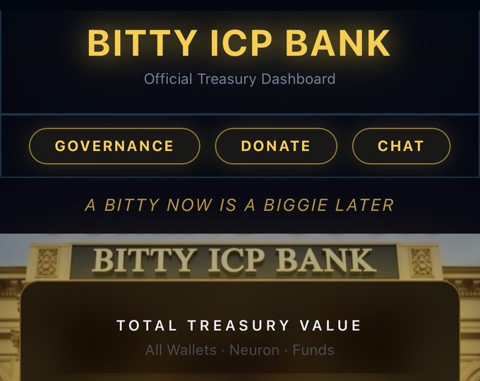 A promotional dashboard for the 'BITTY ICP BANK - Official Treasury Dashboard' featuring buttons for Governance, Donate, and Chat, with the tagline 'A BITTY NOW IS A BIGGIE LATER' and a Total Treasury Value display.