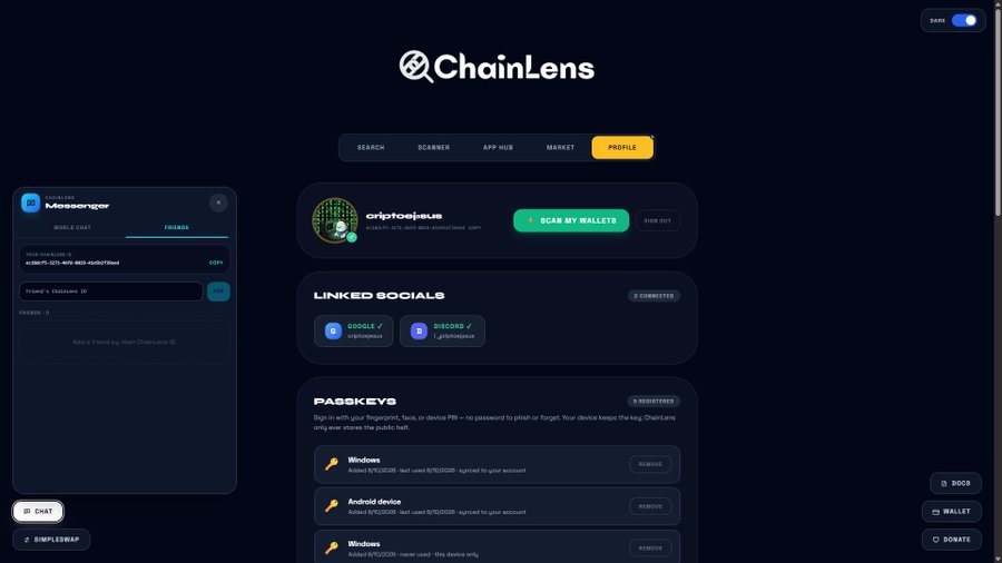 The ChainLens platform profile page for user 'criptoajesus' showing linked Google and Discord socials, passkeys, and a 'SCAN MY WALLETS' button.