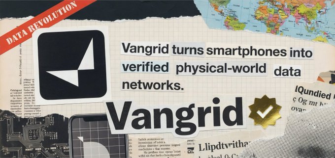 A promotional graphic for Vangrid stating 'Vangrid turns smartphones into verified physical-world data networks' alongside newspaper background elements and a 'DATA REVOLUTION' banner.