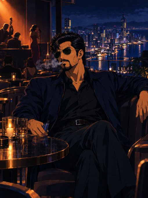 An illustrated scene of a man with a beard and sunglasses sitting at a table in a lounge, holding a cigarette, with a city skyline at night visible through the window behind him.