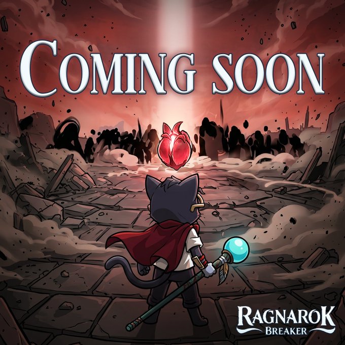 The image features a cartoon cat standing in front of a burning city, with a red heart floating above him. The caption reads "Coming Soon" followed by an explanation about the game's release date.