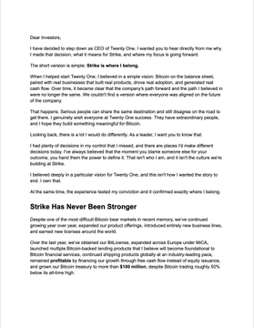The image shows a CEO letter to investors dated for the fourth quarter of the year, discussing short-term struggles against "Strike," addressing concerns about shorting the "Bitcoin is where I belong" thesis, and highlighting that "Strike Has Never Been Stronger" with continued growth and profitability despite the recent downturn. Key names and tickers visible include "Strike" and "Bitcoin," and the letter reflects the accompanying post's message about Strike's resilience and expansion during the bear market.