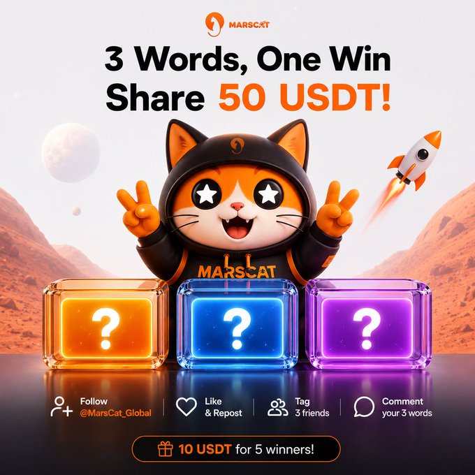 Promotional graphic for MARSCAT featuring an orange cat mascot in a space-themed setting, advertising a '3 Words, One Win Share 50 USDT' contest with instructions to Follow @MarsCat_Global, Like & Repost, Tag 3 friends, and Comment your 3 words for a chance at 10 USDT for 5 winners.