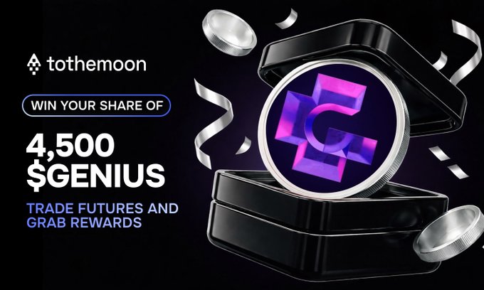 The image features a black box with a purple coin inside, surrounded by silver coins. The text above the image reads "4,500 $GENIUS Tokens in the #Tothemoon Exclusive Airdrop! Complete the campaign tasks and qualify for your share." This suggests that the image is related to an exclusive airdrop campaign where users can win 4,500 tokens in exchange for completing certain tasks. The coins are placed inside a black box with a purple coin on top of it, which adds visual interest to the post.