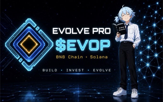 A promotional graphic for the cryptocurrency token "EVOLVE PRO" ($EVOP) on the BNB Chain and Solana networks, featuring an anime-style character reading a book titled "All about Evolve Pro."