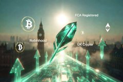 A cryptocurrency graphic showing a green leaf sprouting with upward arrows, featuring Bitcoin (B) and Ethereum (B) icons alongside text labels "FCA Registered," "Real Income," and "UK Crypto."