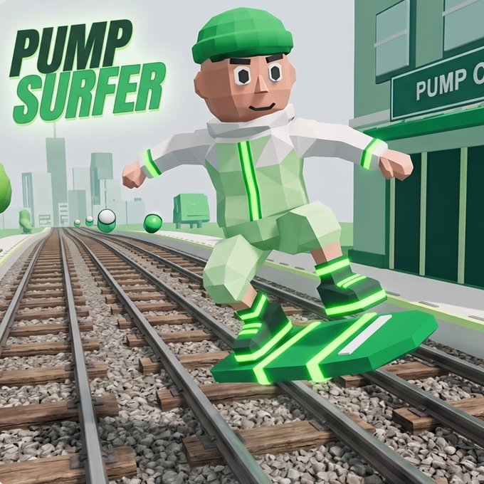 Promotional artwork for the game "PUMP SURFER" featuring a low-poly 3D character in green and white surfing on train tracks through a city.